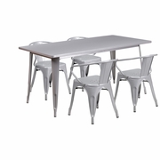 COMMERCIAL GRADE 31.5" X 63" RECTANGULAR SILVER METAL INDOOR-OUTDOOR TABLE SET WITH 4 ARM CHAIRS: <font color=green>FREE SHIPPING!</font>