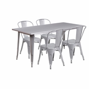 COMMERCIAL GRADE 31.5" X 63" RECTANGULAR SILVER METAL INDOOR-OUTDOOR TABLE SET WITH 4 STACK CHAIRS: <font color=green>FREE SHIPPING!</font>
