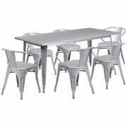 COMMERCIAL GRADE 31.5" X 63" RECTANGULAR SILVER METAL INDOOR-OUTDOOR TABLE SET WITH 6 ARM CHAIRS: <font color=green>FREE SHIPPING!</font>