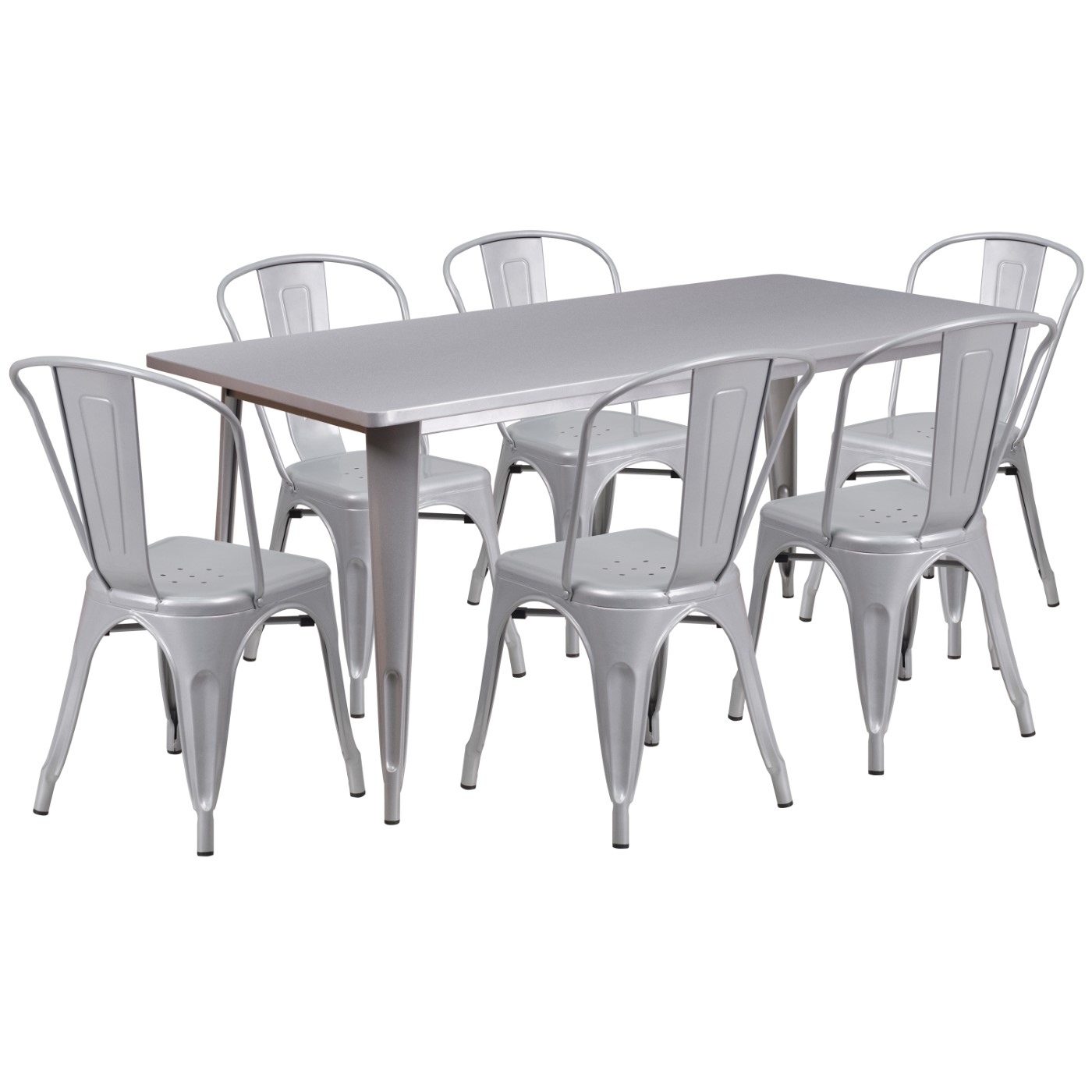 COMMERCIAL GRADE 31.5" X 63" RECTANGULAR SILVER METAL INDOOR-OUTDOOR TABLE SET WITH 6 STACK CHAIRS: <font color=green>FREE SHIPPING!</font> COMMERCIAL GRADE 31.5" X 63" RECTANGULAR SILVER METAL INDOOR-OUTDOOR TABLE SET WITH 6 STACK CHAIRS: <font color=green>FREE SHIPPING!</font>
