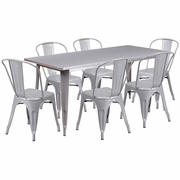 COMMERCIAL GRADE 31.5" X 63" RECTANGULAR SILVER METAL INDOOR-OUTDOOR TABLE SET WITH 6 STACK CHAIRS: <font color=green>FREE SHIPPING!</font>