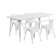COMMERCIAL GRADE 31.5" X 63" RECTANGULAR WHITE METAL INDOOR-OUTDOOR TABLE SET WITH 4 ARM CHAIRS: <font color=green>FREE SHIPPING!</font>