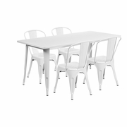 COMMERCIAL GRADE 31.5" X 63" RECTANGULAR WHITE METAL INDOOR-OUTDOOR TABLE SET WITH 4 STACK CHAIRS: <font color=green>FREE SHIPPING!</font>