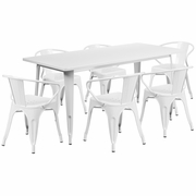 COMMERCIAL GRADE 31.5" X 63" RECTANGULAR WHITE METAL INDOOR-OUTDOOR TABLE SET WITH 6 ARM CHAIRS: <font color=green>FREE SHIPPING!</font>