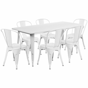 COMMERCIAL GRADE 31.5" X 63" RECTANGULAR WHITE METAL INDOOR-OUTDOOR TABLE SET WITH 6 STACK CHAIRS: <font color=green>FREE SHIPPING!</font>