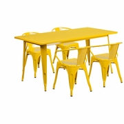 COMMERCIAL GRADE 31.5" X 63" RECTANGULAR YELLOW METAL INDOOR-OUTDOOR TABLE SET WITH 4 ARM CHAIRS: <font color=green>FREE SHIPPING!</font>