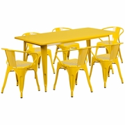COMMERCIAL GRADE 31.5" X 63" RECTANGULAR YELLOW METAL INDOOR-OUTDOOR TABLE SET WITH 6 ARM CHAIRS: <font color=green>FREE SHIPPING!</font>