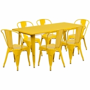 COMMERCIAL GRADE 31.5" X 63" RECTANGULAR YELLOW METAL INDOOR-OUTDOOR TABLE SET WITH 6 STACK CHAIRS <font color=green>FREE SHIPPING!</font>