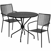 COMMERCIAL GRADE 35.25" ROUND BLACK INDOOR-OUTDOOR STEEL PATIO TABLE SET WITH 2 SQUARE BACK CHAIRS: <font color=green>FREE SHIPPING!</font>