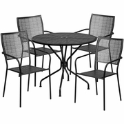 COMMERCIAL GRADE 35.25" ROUND BLACK INDOOR-OUTDOOR STEEL PATIO TABLE SET WITH 4 SQUARE BACK CHAIRS <font color=green>FREE SHIPPING!</font>