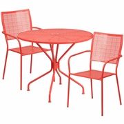 COMMERCIAL GRADE 35.25" ROUND CORAL INDOOR-OUTDOOR STEEL PATIO TABLE SET WITH 2 SQUARE BACK CHAIRS <font color=green>FREE SHIPPING!</font>