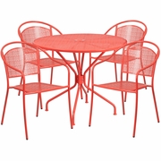 COMMERCIAL GRADE 35.25" ROUND CORAL INDOOR-OUTDOOR STEEL PATIO TABLE SET WITH 4 ROUND BACK CHAIRS <font color=green>FREE SHIPPING!</font>