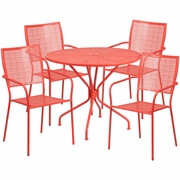 COMMERCIAL GRADE 35.25" ROUND CORAL INDOOR-OUTDOOR STEEL PATIO TABLE SET WITH 4 SQUARE BACK CHAIRS <font color=green>FREE SHIPPING!</font>