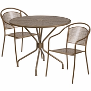 COMMERCIAL GRADE 35.25" ROUND GOLD INDOOR-OUTDOOR STEEL PATIO TABLE SET WITH 2 ROUND BACK CHAIRS <font color=green>FREE SHIPPING!</font>