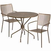 COMMERCIAL GRADE 35.25" ROUND GOLD INDOOR-OUTDOOR STEEL PATIO TABLE SET WITH 2 SQUARE BACK CHAIRS: <font color=green>FREE SHIPPING!</font>