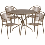 COMMERCIAL GRADE 35.25" ROUND GOLD INDOOR-OUTDOOR STEEL PATIO TABLE SET WITH 4 ROUND BACK CHAIRS <font color=green>FREE SHIPPING!</font>