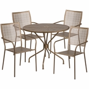 COMMERCIAL GRADE 35.25" ROUND GOLD INDOOR-OUTDOOR STEEL PATIO TABLE SET WITH 4 SQUARE BACK CHAIRS: <font color=green>FREE SHIPPING!</font>