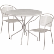 COMMERCIAL GRADE 35.25" ROUND LIGHT GRAY INDOOR-OUTDOOR STEEL PATIO TABLE SET WITH 2 ROUND BACK CHAIRS: <font color=green>FREE SHIPPING!</font>