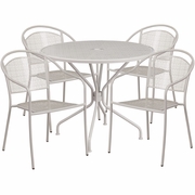 COMMERCIAL GRADE 35.25" ROUND LIGHT GRAY INDOOR-OUTDOOR STEEL PATIO TABLE SET WITH 4 ROUND BACK CHAIRS: <font color=green>FREE SHIPPING!</font>