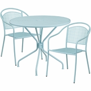 COMMERCIAL GRADE 35.25" ROUND SKY BLUE INDOOR-OUTDOOR STEEL PATIO TABLE SET WITH 2 ROUND BACK CHAIRS: <font color=green>FREE SHIPPING!</font>