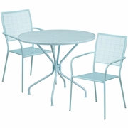 COMMERCIAL GRADE 35.25" ROUND SKY BLUE INDOOR-OUTDOOR STEEL PATIO TABLE SET WITH 2 SQUARE BACK CHAIRS: <font color=green>FREE SHIPPING!</font>