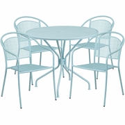 COMMERCIAL GRADE 35.25" ROUND SKY BLUE INDOOR-OUTDOOR STEEL PATIO TABLE SET WITH 4 ROUND BACK CHAIRS: <font color=green>FREE SHIPPING!</font>