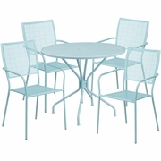 COMMERCIAL GRADE 35.25" ROUND SKY BLUE INDOOR-OUTDOOR STEEL PATIO TABLE SET WITH 4 SQUARE BACK CHAIRS: <font color=green>FREE SHIPPING!</font>