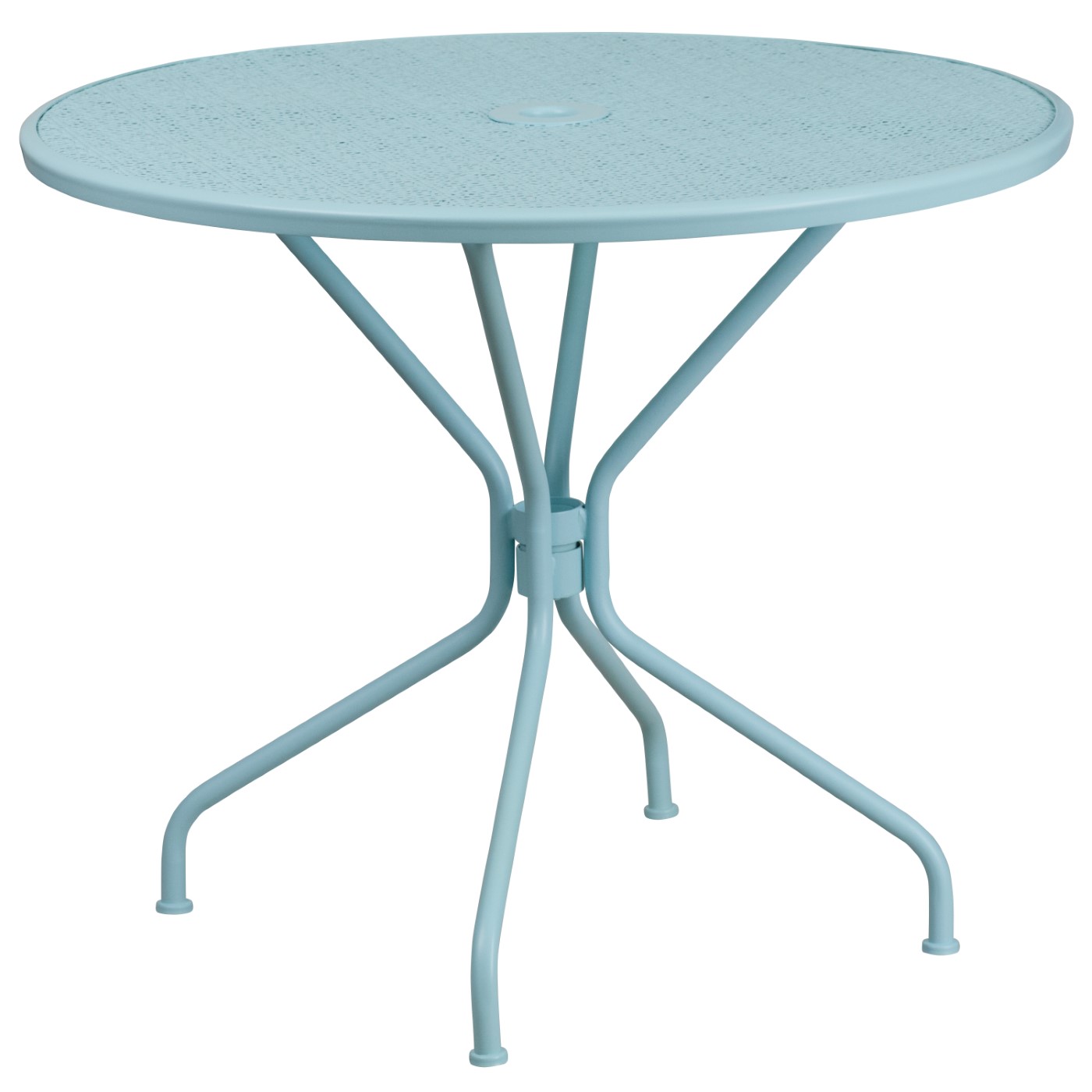 COMMERCIAL GRADE 35.25" ROUND SKY BLUE INDOOR-OUTDOOR STEEL PATIO TABLE WITH UMBRELLA HOLE: <font color=green>FREE SHIPPING!</font> COMMERCIAL GRADE 35.25" ROUND SKY BLUE INDOOR-OUTDOOR STEEL PATIO TABLE WITH UMBRELLA HOLE: <font color=green>FREE SHIPPING!</font>