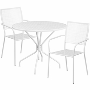 COMMERCIAL GRADE 35.25" ROUND WHITE INDOOR-OUTDOOR STEEL PATIO TABLE SET WITH 2 SQUARE BACK CHAIRS <font color=green>FREE SHIPPING!</font>