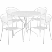 COMMERCIAL GRADE 35.25" ROUND WHITE INDOOR-OUTDOOR STEEL PATIO TABLE SET WITH 4 ROUND BACK CHAIRS <font color=green>FREE SHIPPING!</font>