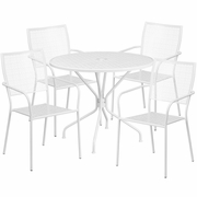 COMMERCIAL GRADE 35.25" ROUND WHITE INDOOR-OUTDOOR STEEL PATIO TABLE SET WITH 4 SQUARE BACK CHAIRS <font color=green>FREE SHIPPING!</font>