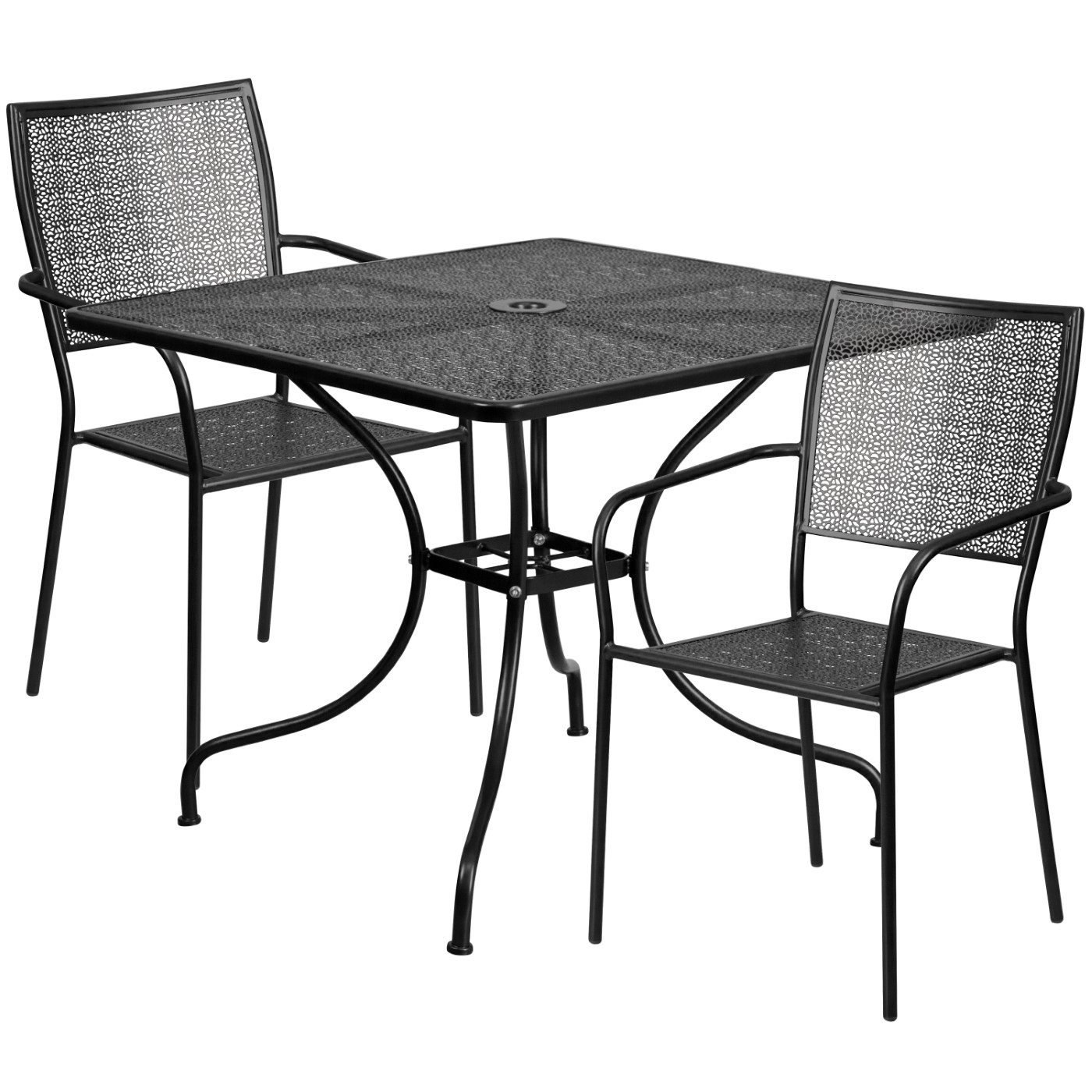 COMMERCIAL GRADE 35.5" SQUARE BLACK INDOOR-OUTDOOR STEEL PATIO TABLE SET WITH 2 SQUARE BACK CHAIRS: <font color=green>FREE SHIPPING!</font> COMMERCIAL GRADE 35.5" SQUARE BLACK INDOOR-OUTDOOR STEEL PATIO TABLE SET WITH 2 SQUARE BACK CHAIRS: <font color=green>FREE SHIPPING!</font>