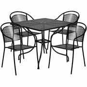COMMERCIAL GRADE 35.5" SQUARE BLACK INDOOR-OUTDOOR STEEL PATIO TABLE SET WITH 4 ROUND BACK CHAIRS <font color=green>FREE SHIPPING!</font>