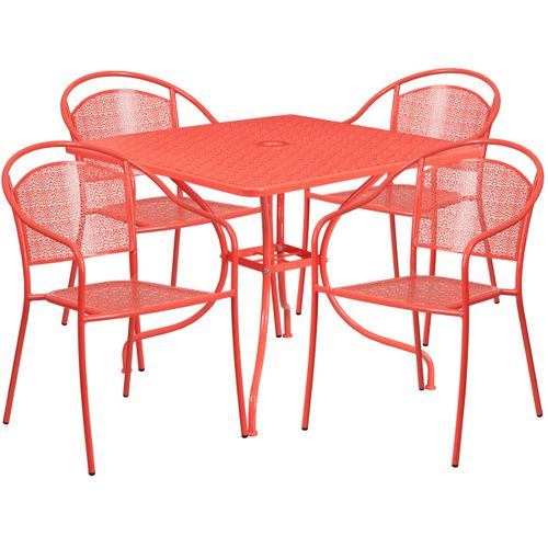 COMMERCIAL GRADE 35.5" SQUARE CORAL INDOOR-OUTDOOR STEEL PATIO TABLE SET WITH 4 ROUND BACK CHAIRS <font color=green>FREE SHIPPING!</font>