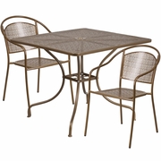 COMMERCIAL GRADE 35.5" SQUARE GOLD INDOOR-OUTDOOR STEEL PATIO TABLE SET WITH 2 ROUND BACK CHAIRS <font color=green>FREE SHIPPING!</font>