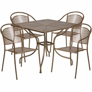 COMMERCIAL GRADE 35.5" SQUARE GOLD INDOOR-OUTDOOR STEEL PATIO TABLE SET WITH 4 ROUND BACK CHAIRS <font color=green>FREE SHIPPING!</font>