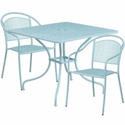 COMMERCIAL GRADE 35.5" SQUARE SKY BLUE INDOOR-OUTDOOR STEEL PATIO TABLE SET WITH 2 ROUND BACK CHAIRS <font color=green>FREE SHIPPING!</font>