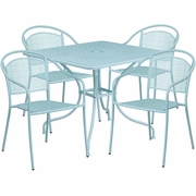COMMERCIAL GRADE 35.5" SQUARE SKY BLUE INDOOR-OUTDOOR STEEL PATIO TABLE SET WITH 4 ROUND BACK CHAIRS <font color=green>FREE SHIPPING!</font>