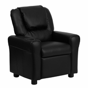 CONTEMPORARY BLACK LEATHERSOFT KIDS RECLINER WITH CUP HOLDER AND HEADREST: <font color=green>FREE SHIPPING!</font>