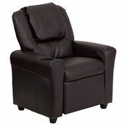 CONTEMPORARY BROWN LEATHERSOFT KIDS RECLINER WITH CUP HOLDER AND HEADREST: <font color=green>FREE SHIPPING!</font>