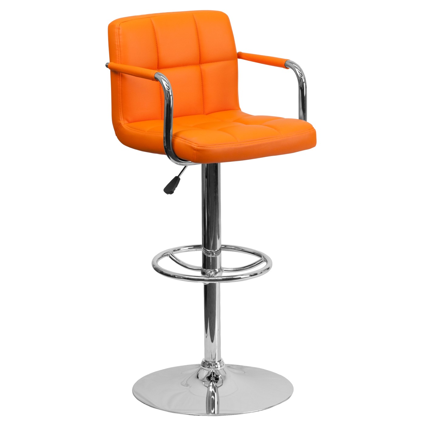 CONTEMPORARY ORANGE QUILTED VINYL ADJUSTABLE HEIGHT BARSTOOL WITH ARMS AND CHROME BASE: <font color=green>FREE SHIPPING!</font> CONTEMPORARY ORANGE QUILTED VINYL ADJUSTABLE HEIGHT BARSTOOL WITH ARMS AND CHROME BASE: <font color=green>FREE SHIPPING!</font>