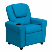CONTEMPORARY TURQUOISE VINYL KIDS RECLINER WITH CUP HOLDER AND HEADREST: <font color=green>FREE SHIPPING!</font>