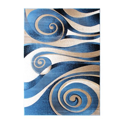 COTERIE COLLECTION 5' X 7' MODERN CIRCULAR PATTERNED INDOOR AREA RUG - BLUE AND BEIGE OLEFIN FIBERS WITH JUTE BACKING: <font color=green>FREE SHIPPING!</font>