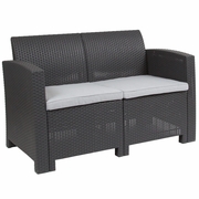 DARK GRAY FAUX RATTAN LOVESEAT WITH ALL-WEATHER LIGHT GRAY CUSHIONS: <font color=green>FREE SHIPPING!</font>