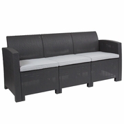 DARK GRAY FAUX RATTAN SOFA WITH ALL-WEATHER LIGHT GRAY CUSHIONS: <font color=green>FREE SHIPPING!</font>