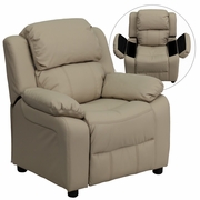 DELUXE PADDED CONTEMPORARY BEIGE VINYL KIDS RECLINER WITH STORAGE ARMS: <font color=green>FREE SHIPPING!</font>