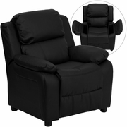 DELUXE PADDED CONTEMPORARY BLACK LEATHERSOFT KIDS RECLINER WITH STORAGE ARMS: <font color=green>FREE SHIPPING!</font>