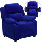 DELUXE PADDED CONTEMPORARY BLUE MICROFIBER KIDS RECLINER WITH STORAGE ARMS: <font color=green>FREE SHIPPING!</font>