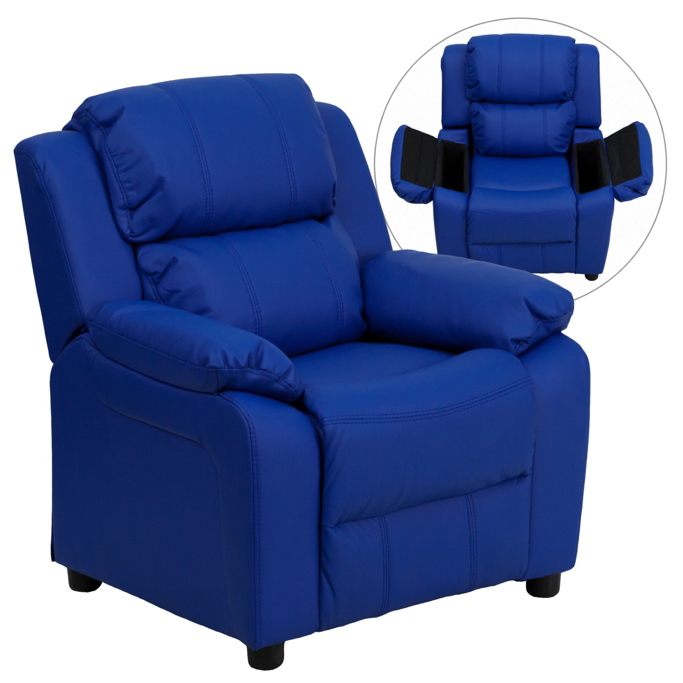DELUXE PADDED CONTEMPORARY BLUE VINYL KIDS RECLINER WITH STORAGE ARMS: <font color=green>FREE SHIPPING!</font> DELUXE PADDED CONTEMPORARY BLUE VINYL KIDS RECLINER WITH STORAGE ARMS: <font color=green>FREE SHIPPING!</font>
