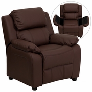 DELUXE PADDED CONTEMPORARY BROWN LEATHERSOFT KIDS RECLINER WITH STORAGE ARMS: <font color=green>FREE SHIPPING!</font>